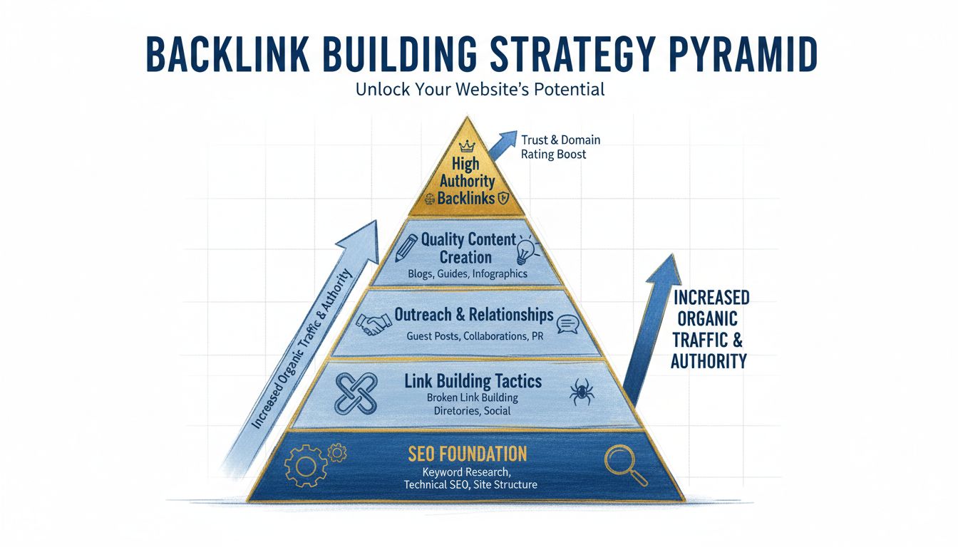 Backlink building strategy pyramid showing five tiers from foundation to high authority backlinks