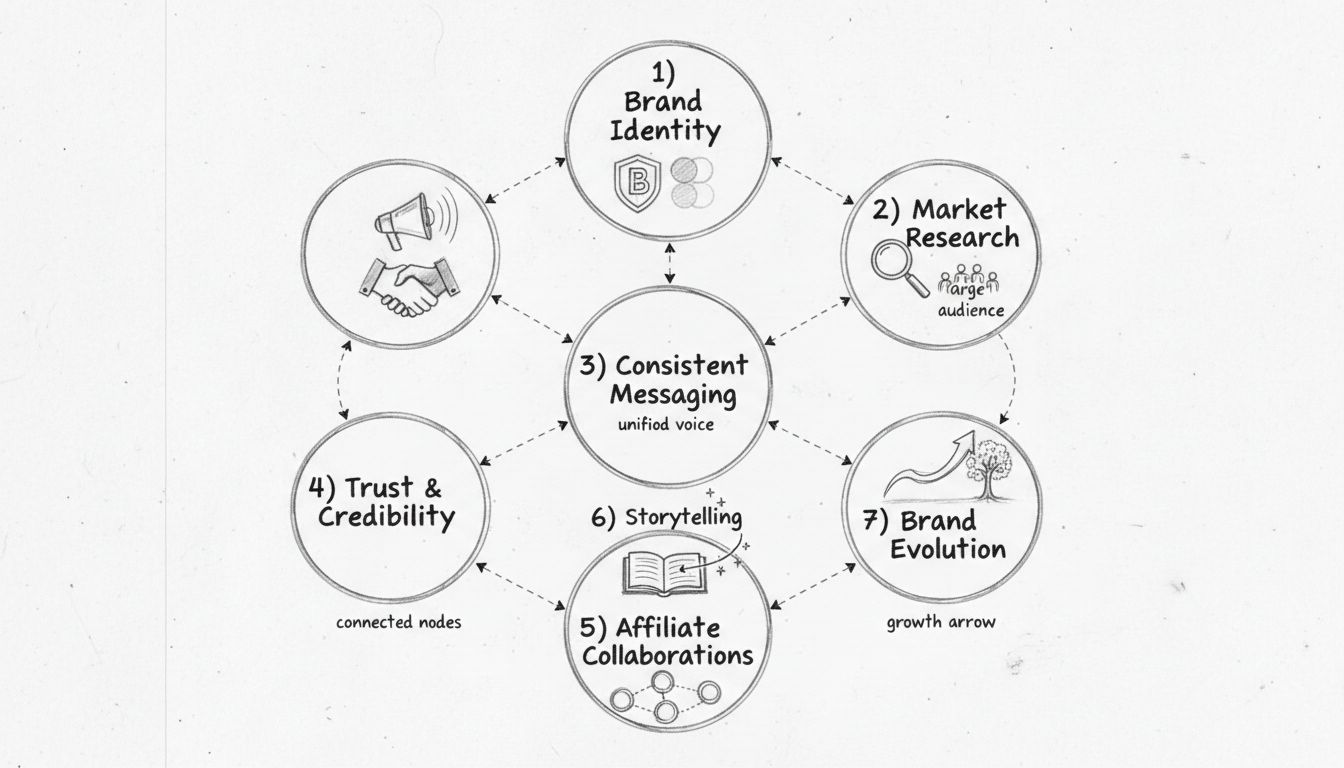 Seven key elements of brand development diagram showing brand identity, market research, consistent messaging, trust and credibility, affiliate collaborations, storytelling, and brand evolution
