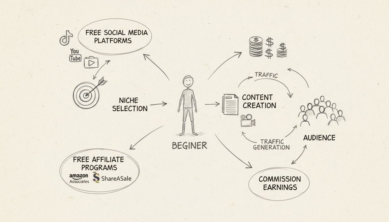 Step-by-step process of starting affiliate marketing with no money showing free platforms, niche selection, affiliate programs, content creation, traffic generation, and commission earnings