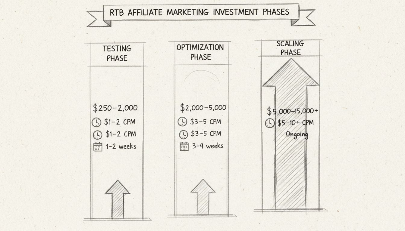 RTB Investment Phases: Testing, Optimization, and Scaling with budget ranges and CPM rates