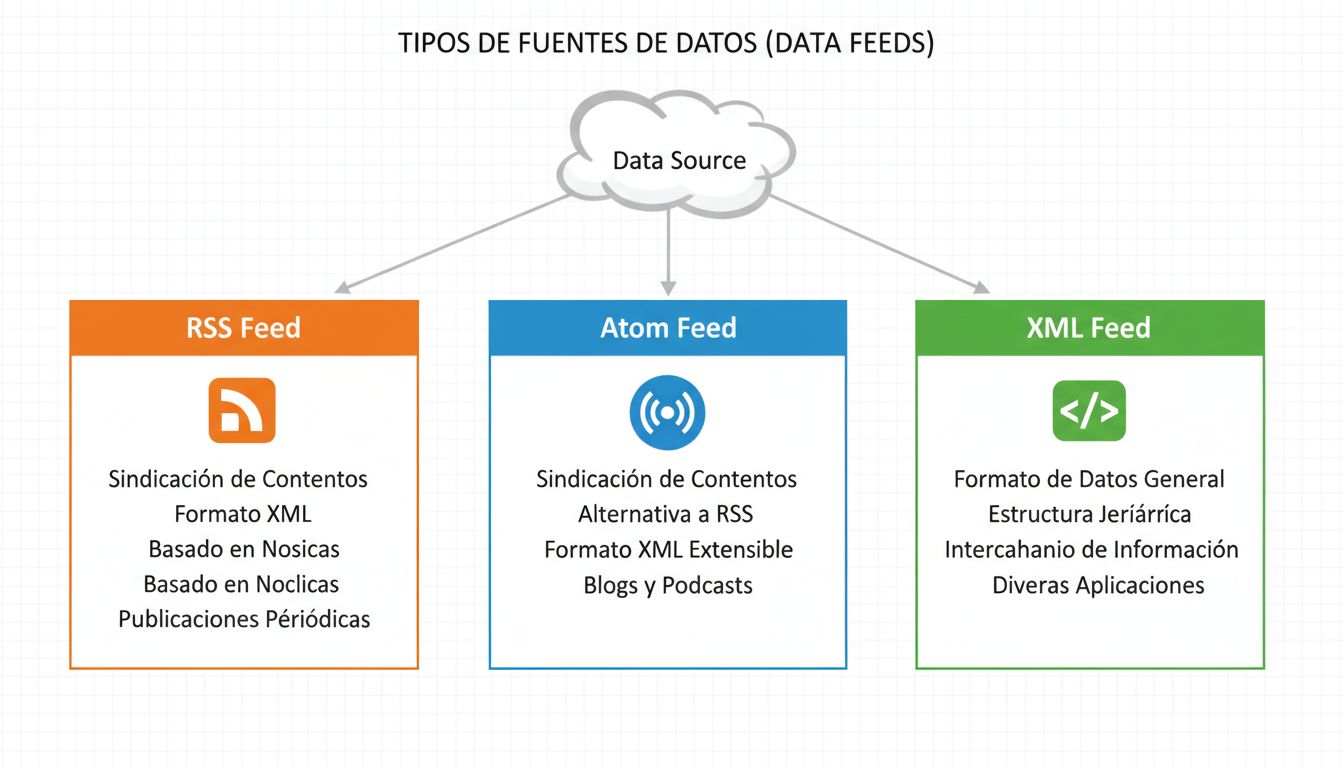 Diagram showing three types of data feeds: RSS, Atom, and XML feeds with their characteristics