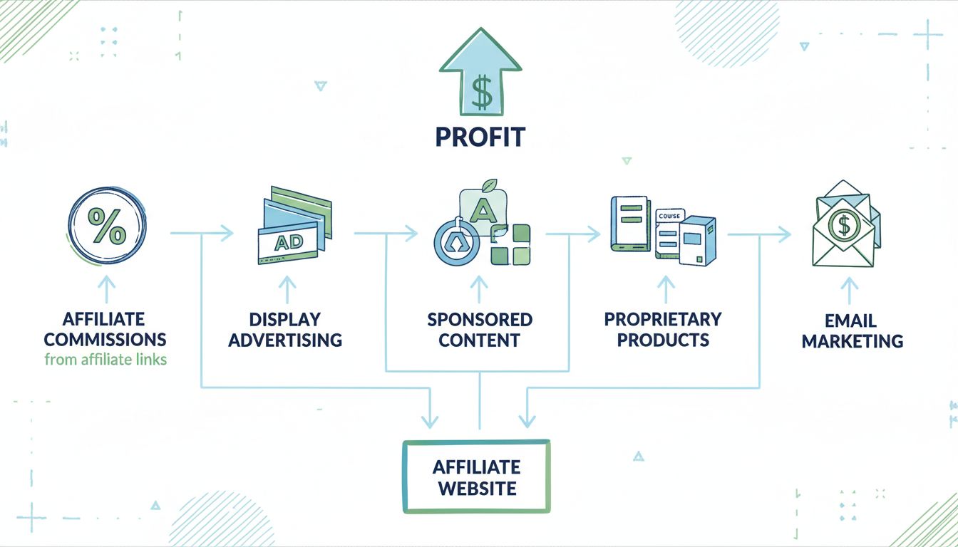 Affiliate site revenue streams infographic showing commission, advertising, sponsored content, proprietary products, and email marketing