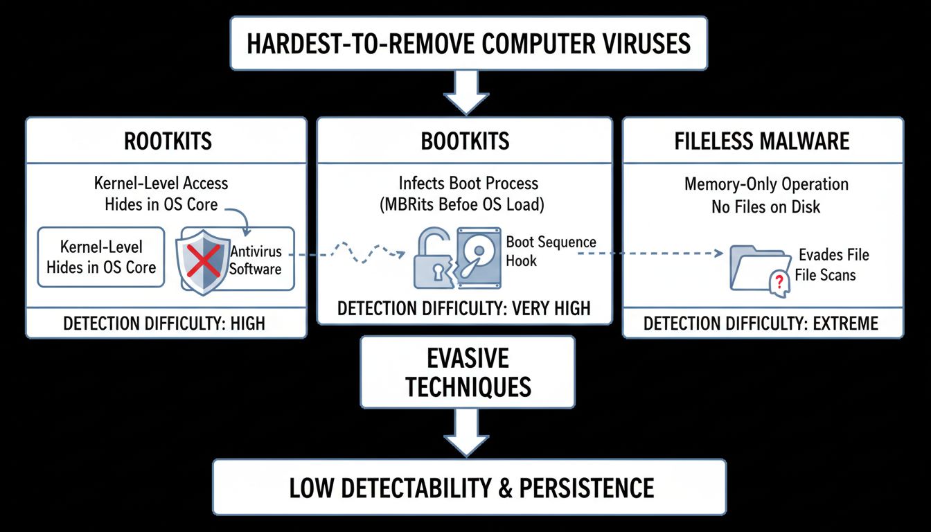 Technical diagram showing rootkits, bootkits, and fileless malware characteristics and detection difficulty levels