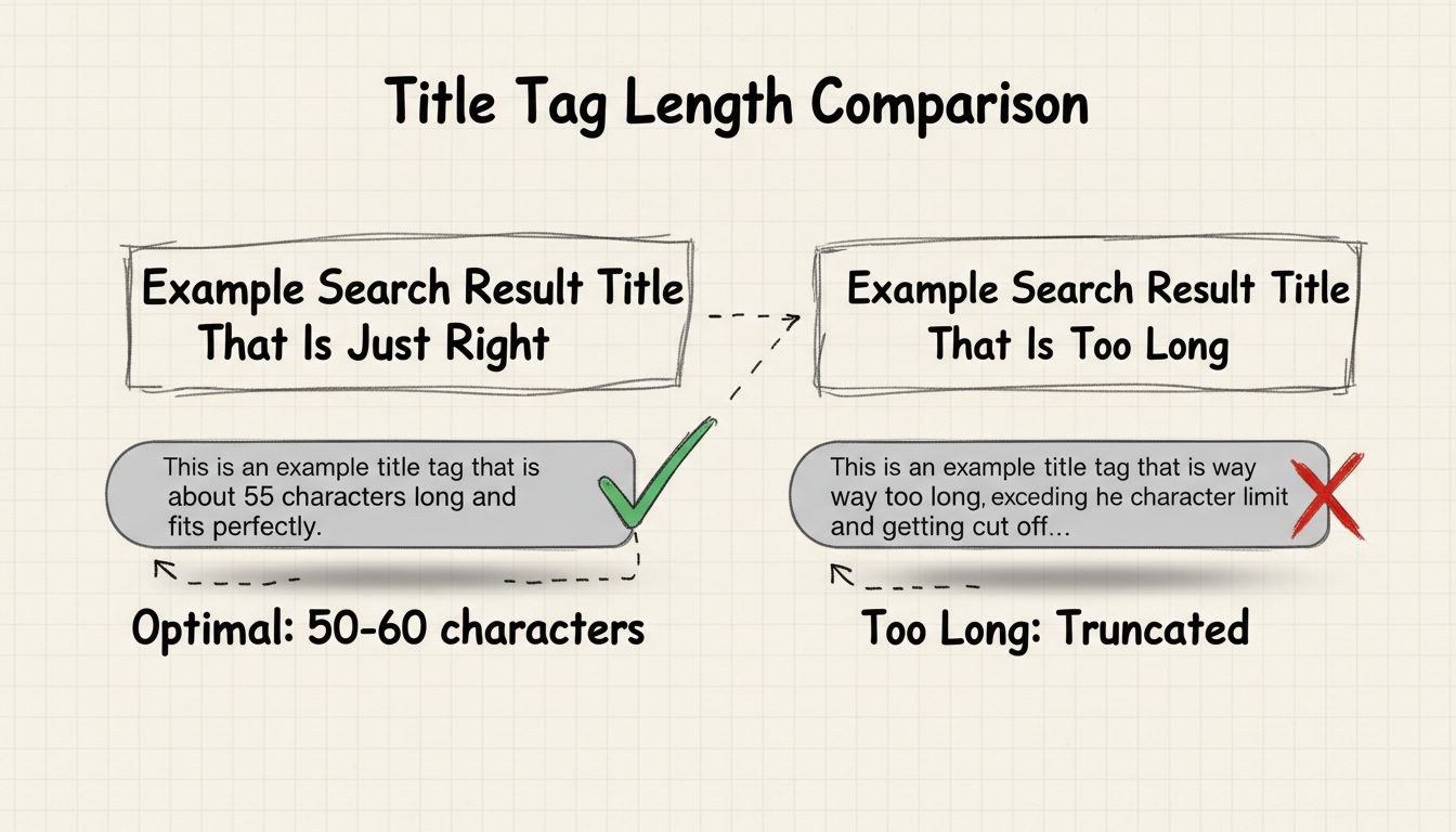 Title tag length comparison diagram showing optimal 50-60 characters displayed fully versus truncated titles over 60 characters