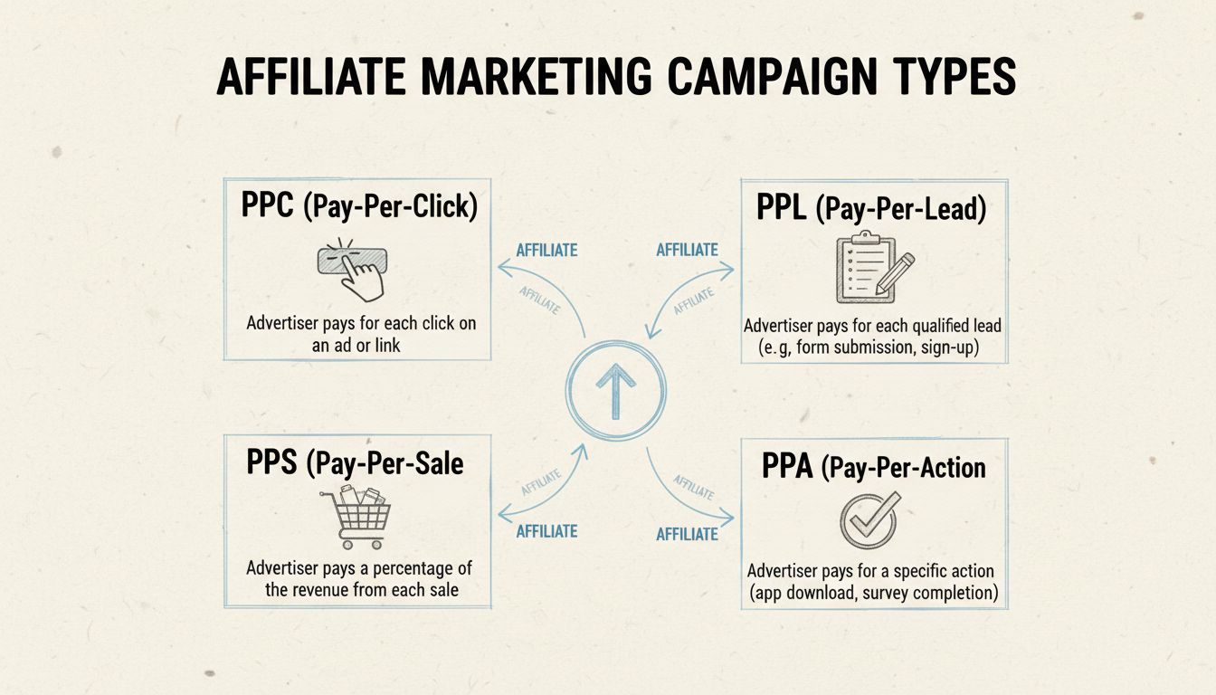 Diagram showing different types of affiliate marketing campaigns including PPC, PPL, PPS, and PPA models
