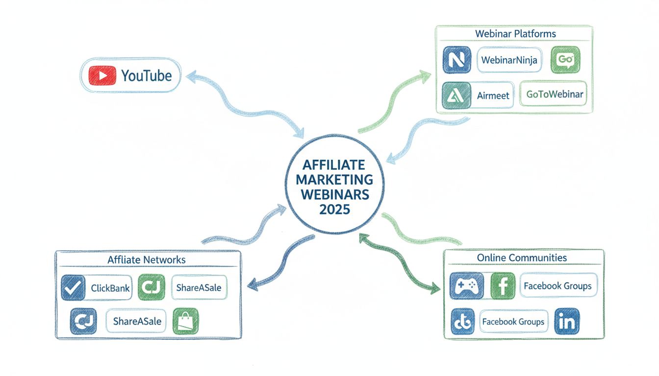Affiliate Marketing Webinar Platforms and Resources 2025 - Infographic showing YouTube, Webinar Platforms, Affiliate Networks, and Online Communities
