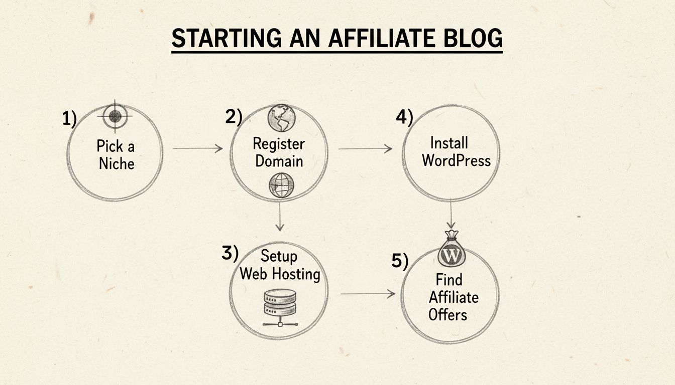 5 steps to start an affiliate blog: Pick a Niche, Register Domain, Setup Web Hosting, Install WordPress, Find Affiliate Offers