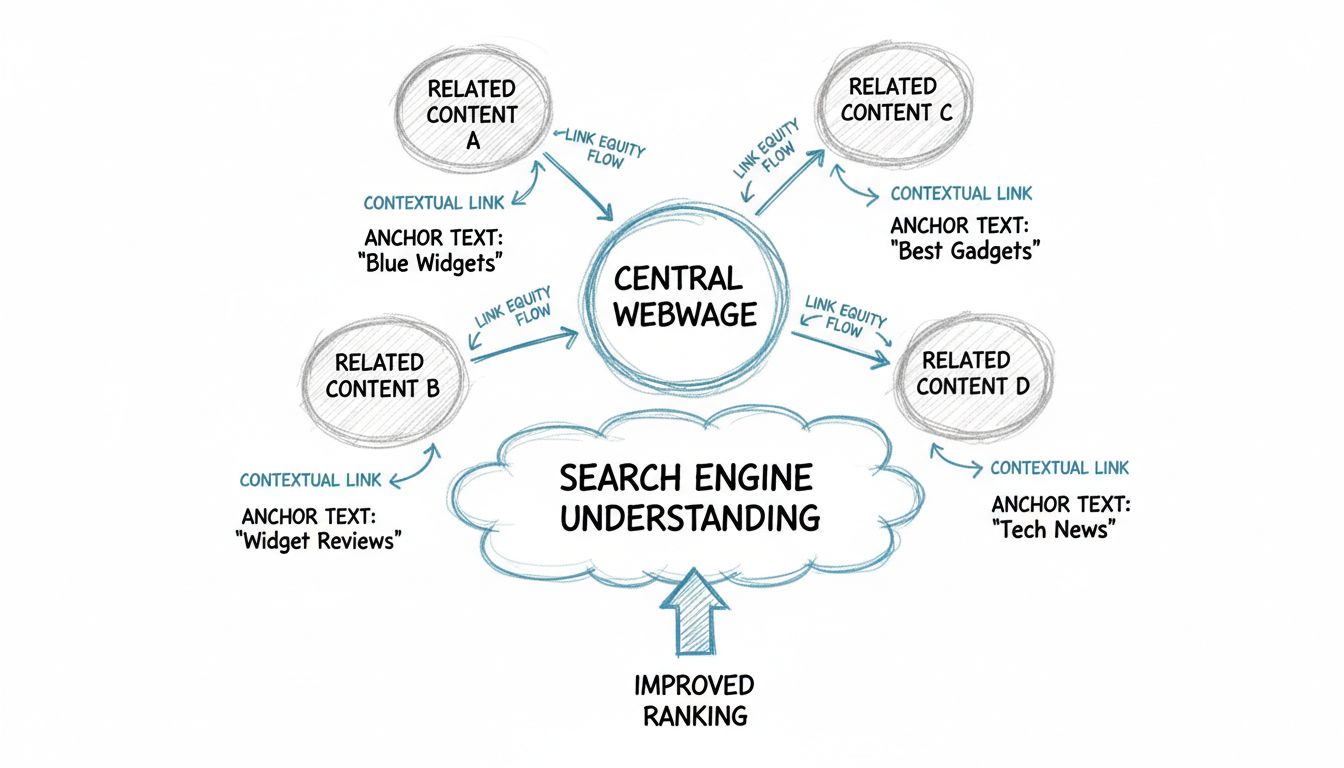 Hand-drawn diagram showing contextual linking relationships between webpages with arrows indicating link equity flow and search engine understanding