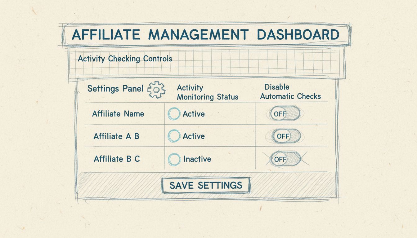 Affiliate management dashboard showing activity checking controls with toggle switches to disable automatic monitoring for specific affiliates