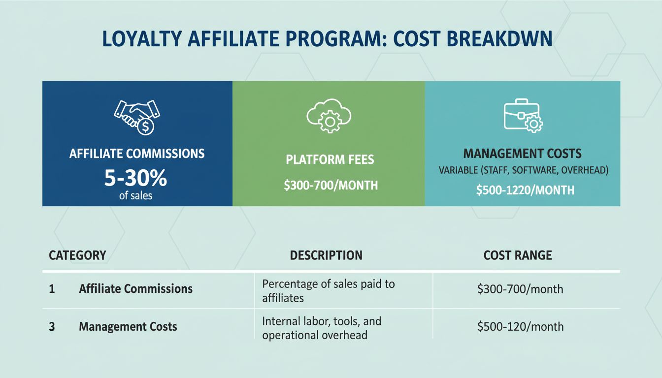 Loyalty affiliate program cost breakdown showing commission rates, platform fees, and management expenses