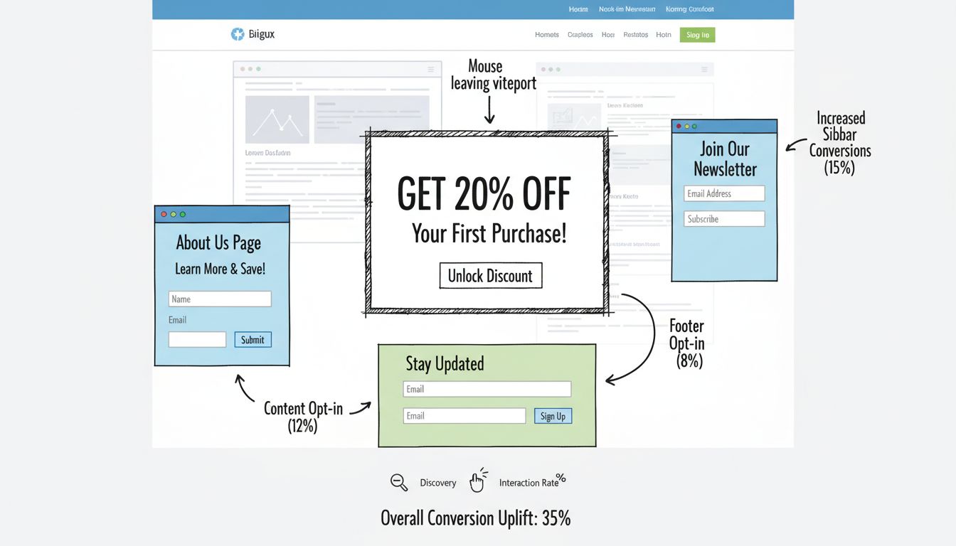 Affiliate marketing popup and opt-in form strategy showing exit-intent popup, sticky sidebar form, footer email capture, and About Us page opt-in placement with conversion metrics
