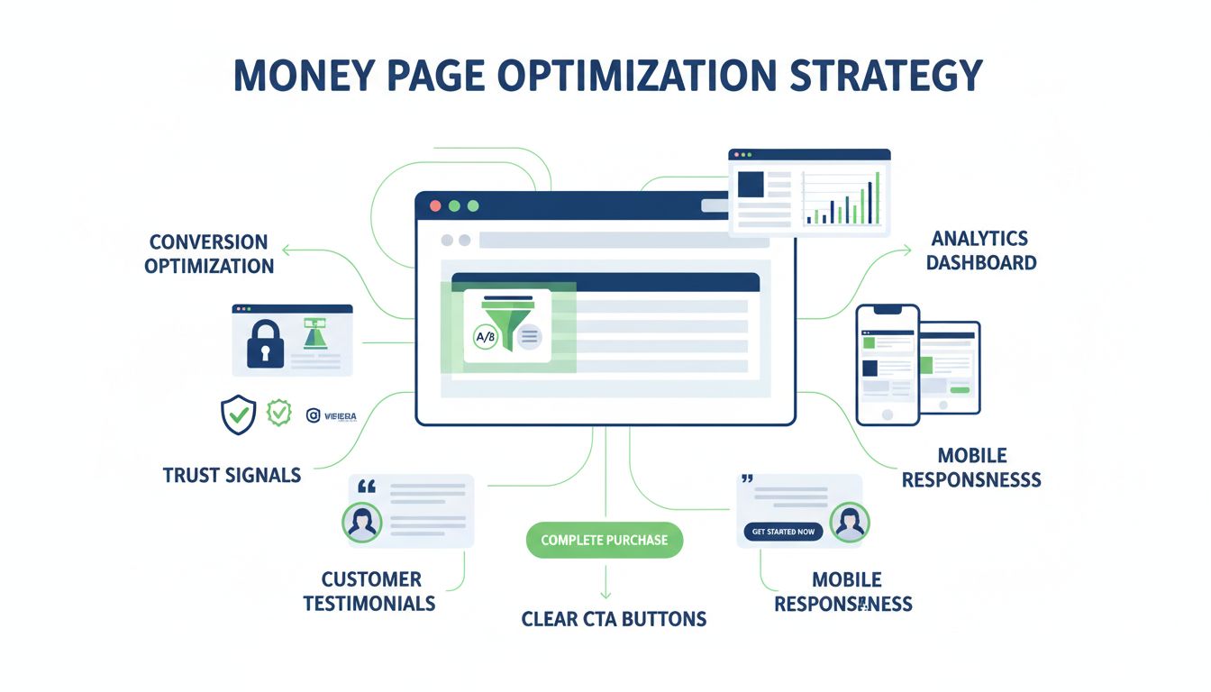 Money page optimization strategy infographic showing conversion optimization, trust signals, CTA buttons, testimonials, mobile responsiveness, and analytics