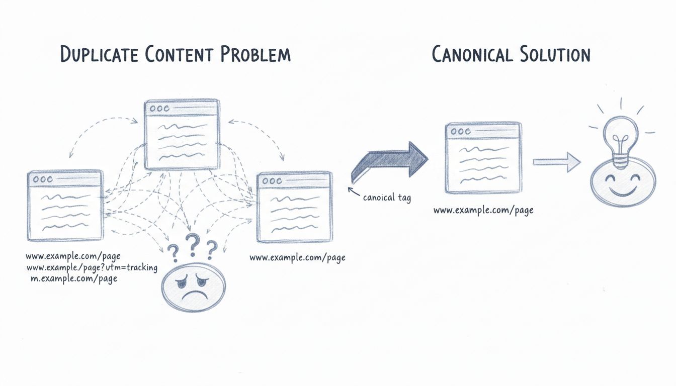 Diagram showing duplicate content problem on left with multiple URL variations pointing to confused search engine, and canonical solution on right with single consolidated page