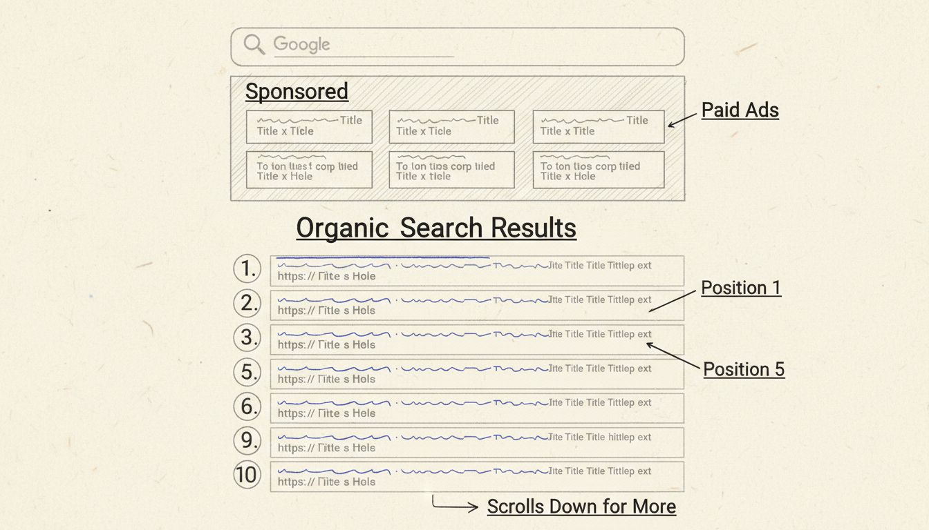Hand-drawn diagram showing SERP layout with paid ads at top and organic search results numbered 1-10