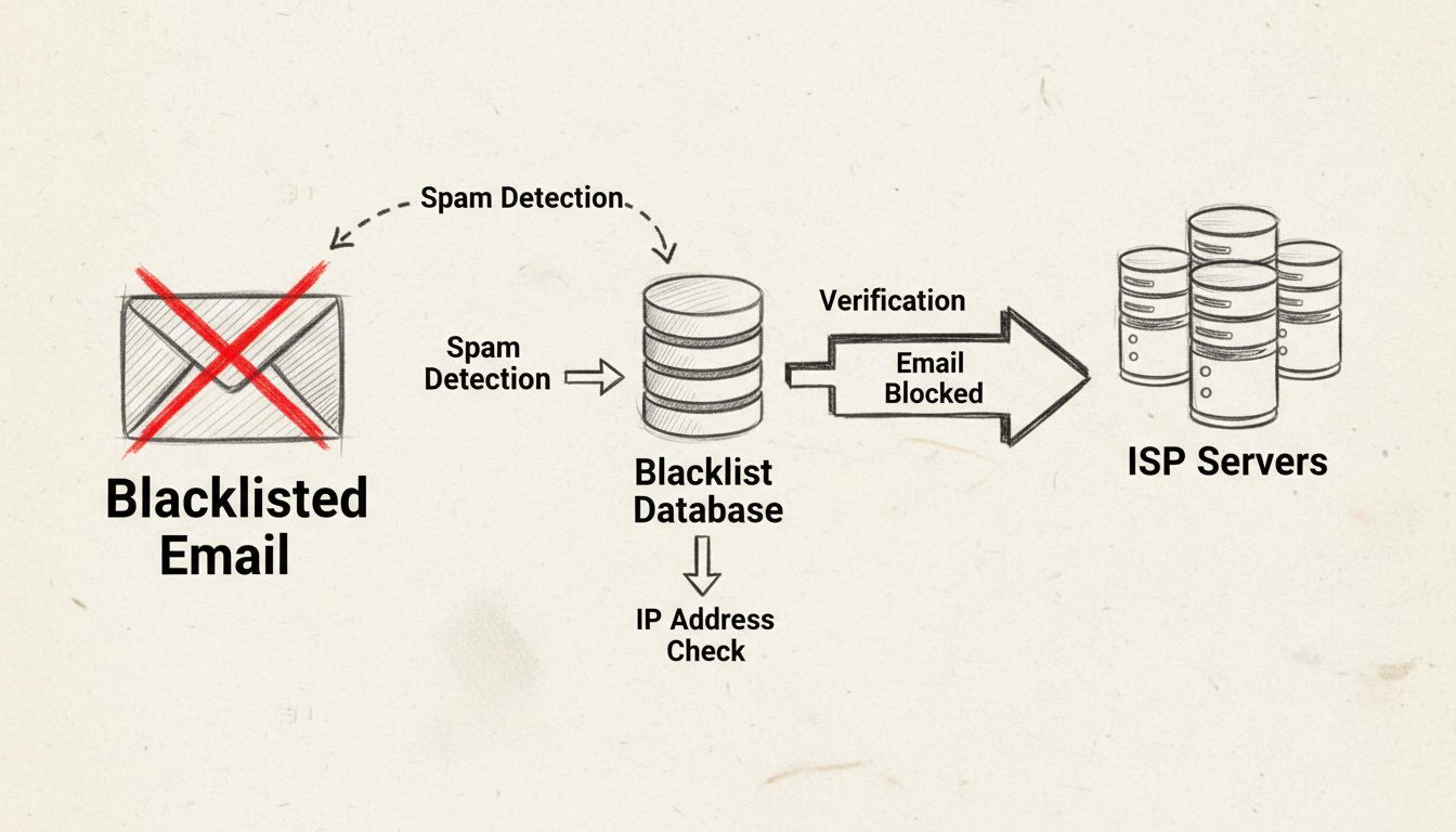 Email blacklist workflow diagram showing spam detection, IP address check, domain verification, and email blocking process
