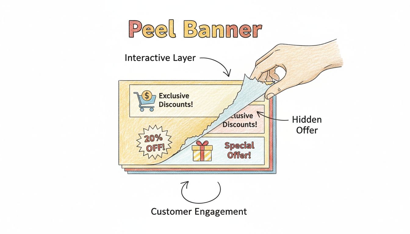 Hand-drawn diagram showing how peel banners work with interactive layers revealing hidden promotional content and customer engagement