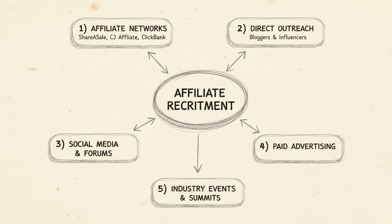 Affiliate recruitment strategy flowchart showing five main channels: affiliate networks, direct outreach, social media, paid advertising, and industry events