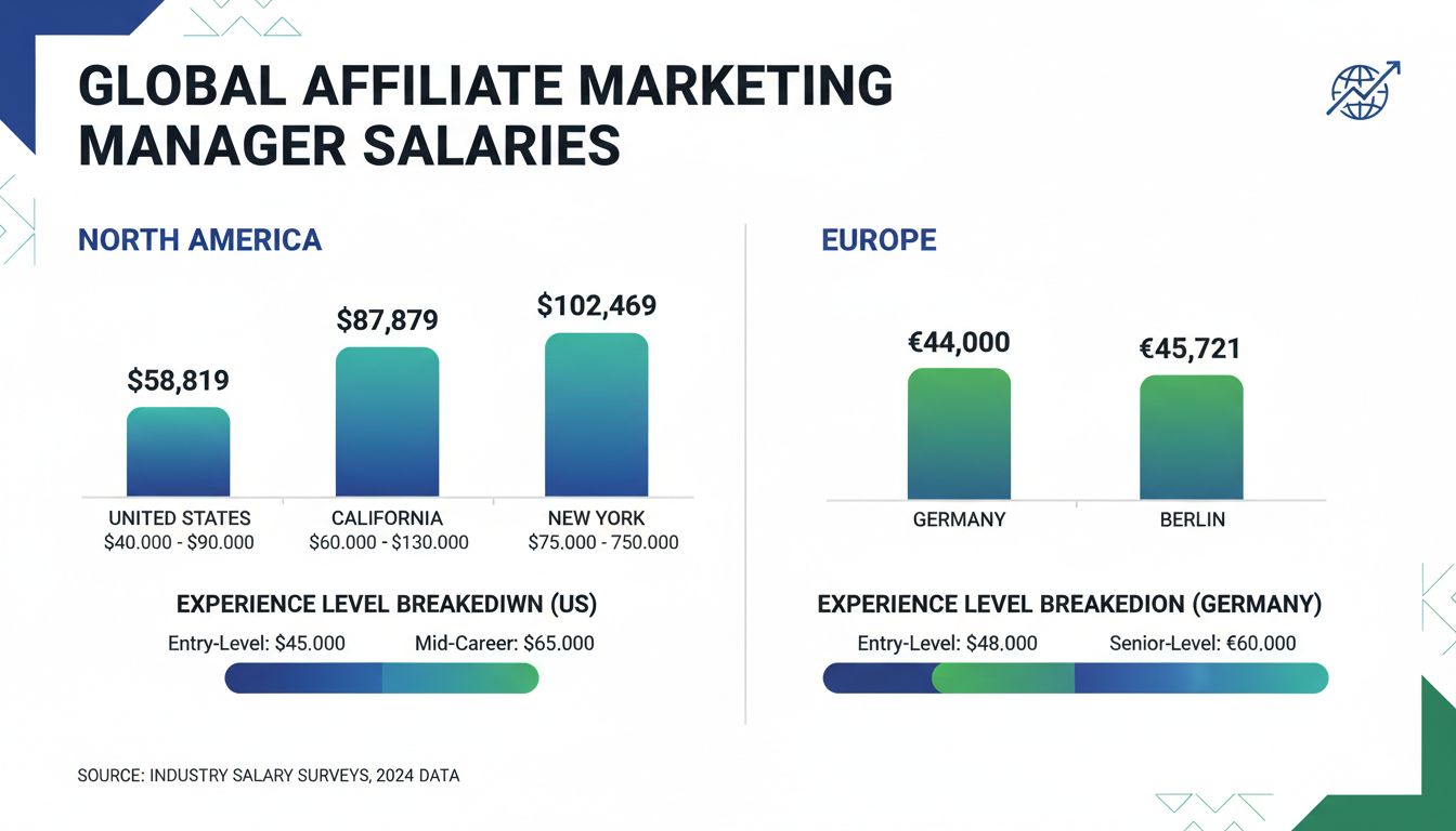 Affiliate marketing manager salary comparison chart showing average salaries across United States, California, Germany, and Berlin with data visualization