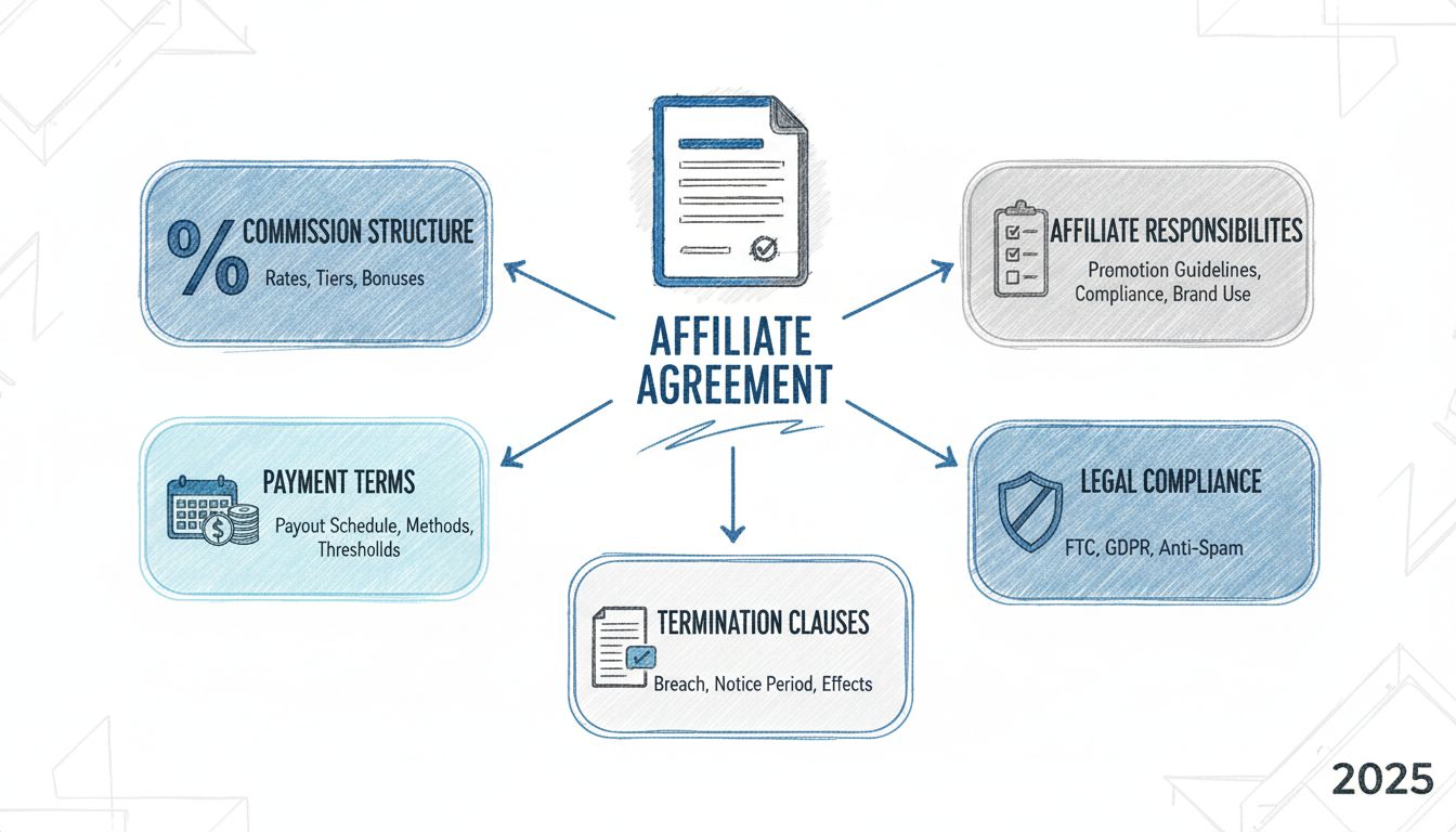 Affiliate Agreement Components Infographic showing Commission Structure, Payment Terms, Affiliate Responsibilities, Legal Compliance, and Termination Clauses
