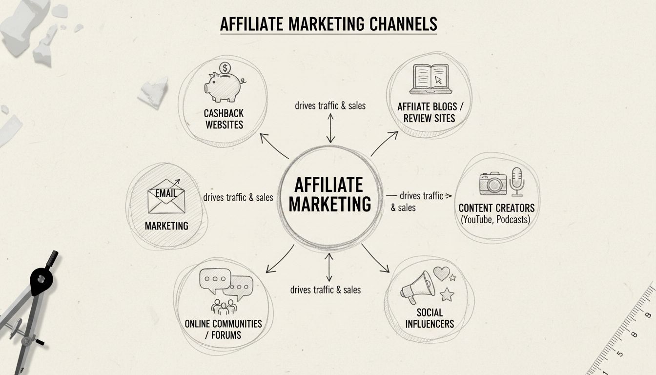 Hand-drawn diagram showing affiliate marketing channels including cashback sites, blogs, communities, social media, and email marketing