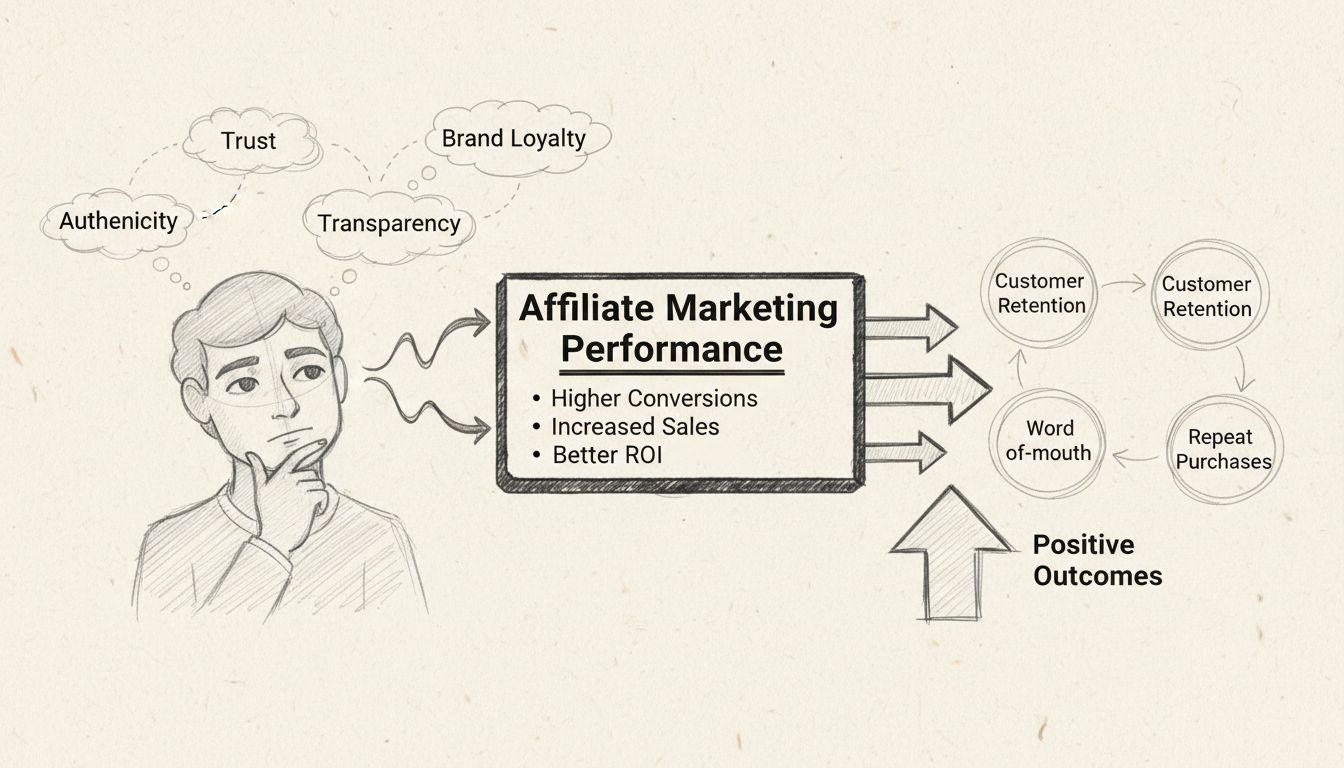 Hand-drawn diagram showing the relationship between consumer perception and affiliate marketing success, including trust, brand loyalty, authenticity, transparency, conversions, sales, ROI, customer retention, word-of-mouth, and repeat purchases