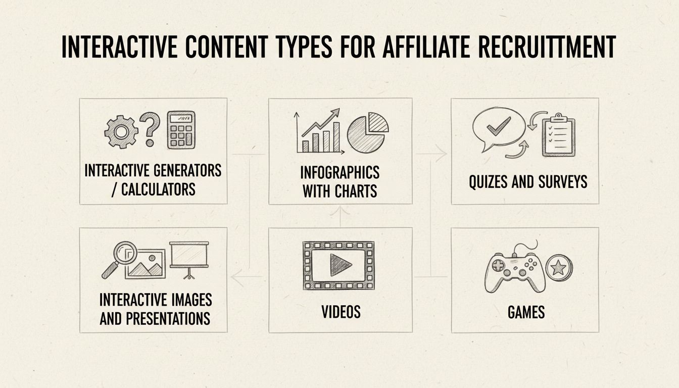 Hand-drawn diagram showing 6 types of interactive content for affiliate recruitment including calculators, infographics, quizzes, interactive images, videos, and games