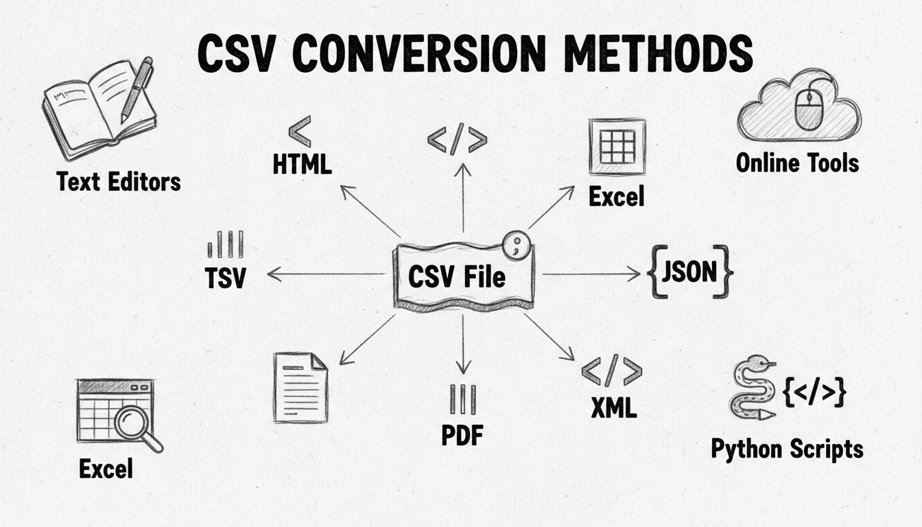 CSV conversion methods diagram showing different output formats and conversion tools