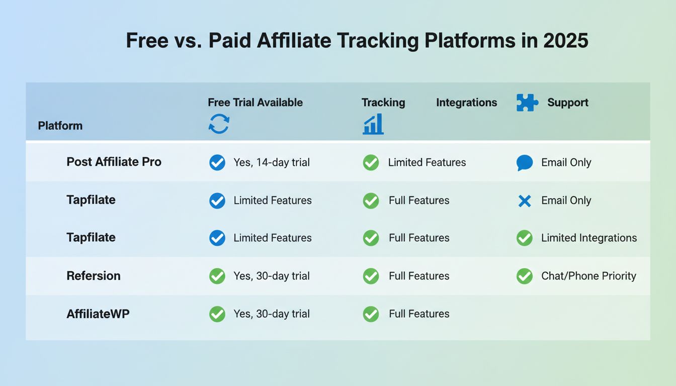Comparison chart of free trial affiliate tracking platforms showing features and trial periods