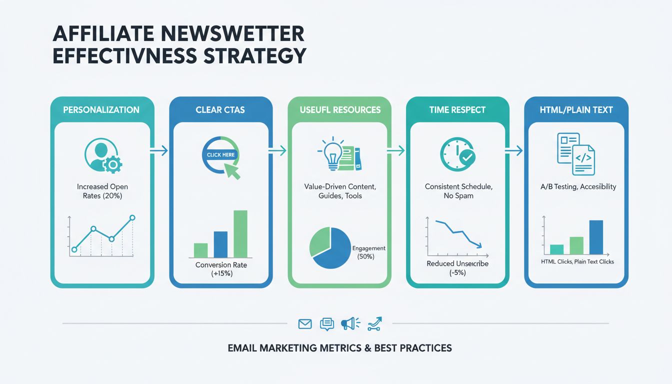 Affiliate newsletter effectiveness strategy infographic showing personalization, CTAs, resources, time respect, and multi-format delivery