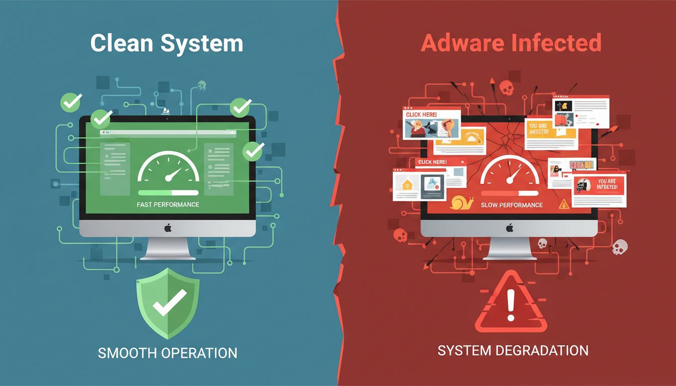 Infographic comparing clean system vs adware infected PC showing performance degradation and security threats