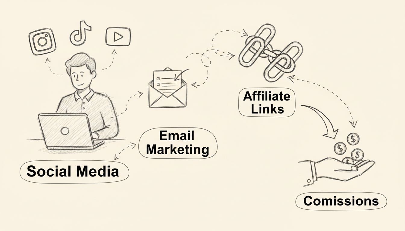 Hand-drawn diagram showing affiliate marketing channels without website including social media, email marketing, and affiliate links