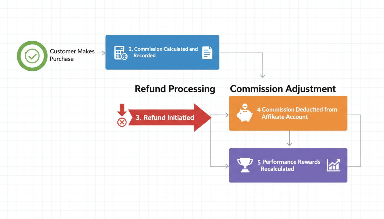 Commission tracking and refund handling workflow diagram showing purchase, commission calculation, refund processing, and performance rewards recalculation