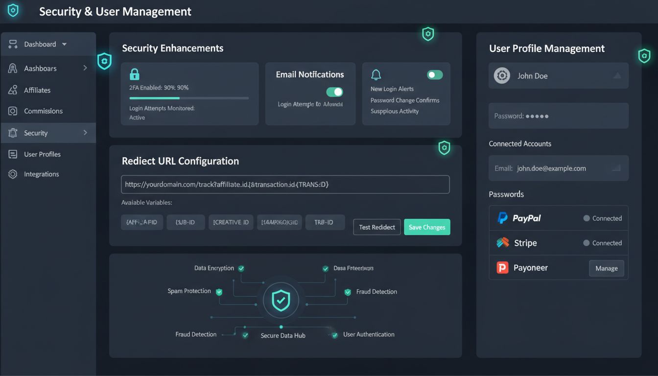 Affiliate software dashboard showing security improvements, email notification settings, and user profile management features