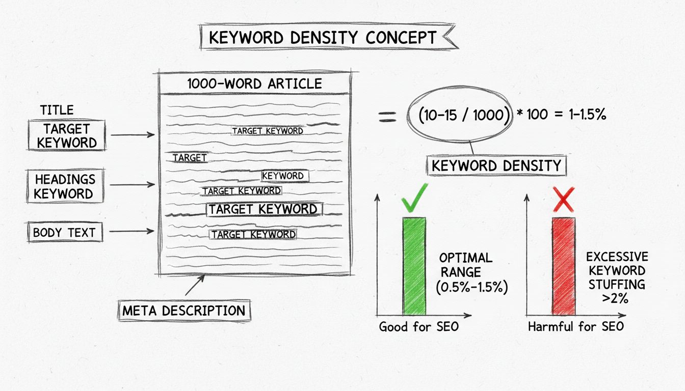 Keyword density diagram showing optimal range 0.5%-1.5% with calculation example and keyword placement in article structure