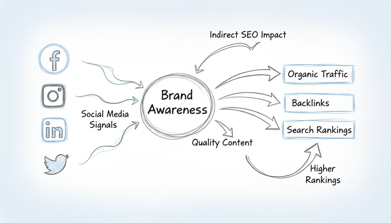 Diagram showing the relationship between social media signals, brand awareness, and SEO impact with arrows connecting social platforms to organic traffic and search rankings
