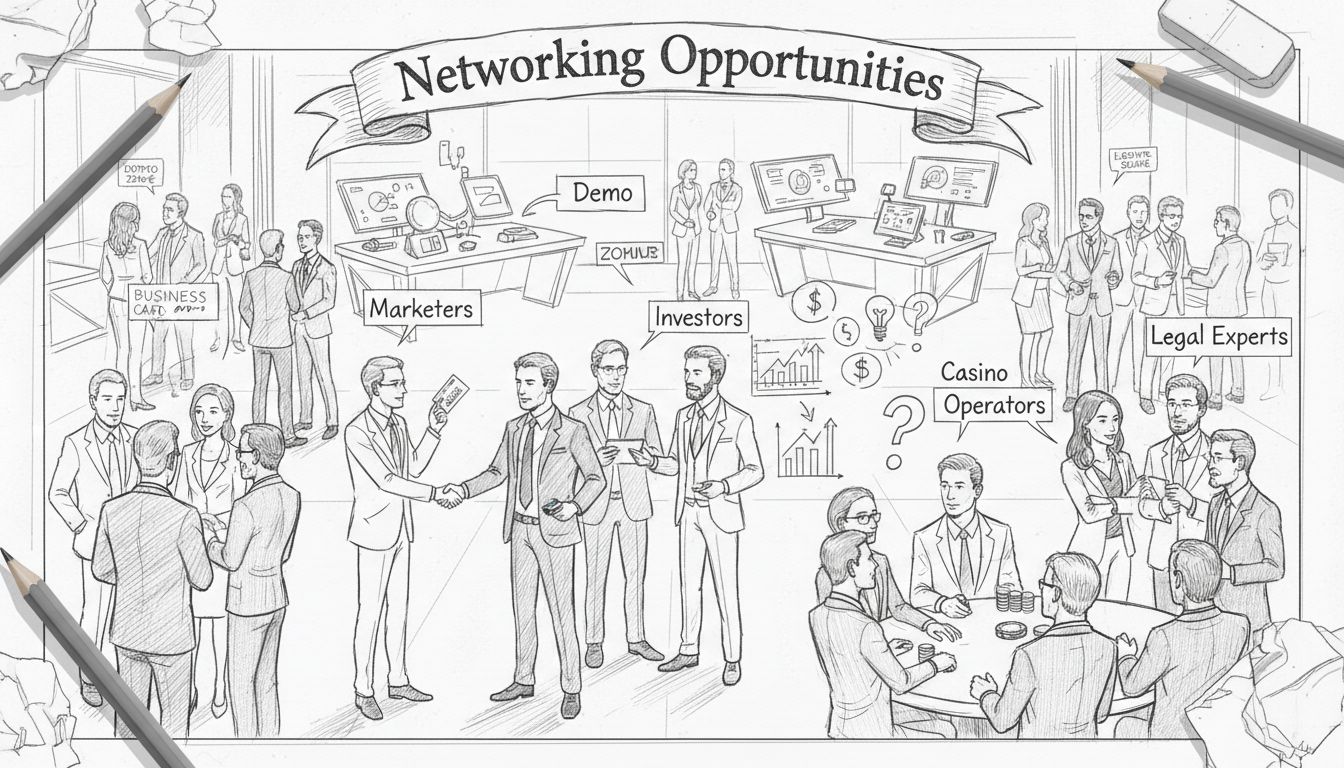 Professional networking event in demo zone with marketers, casino operators, investors, and legal experts exchanging business cards and discussing opportunities