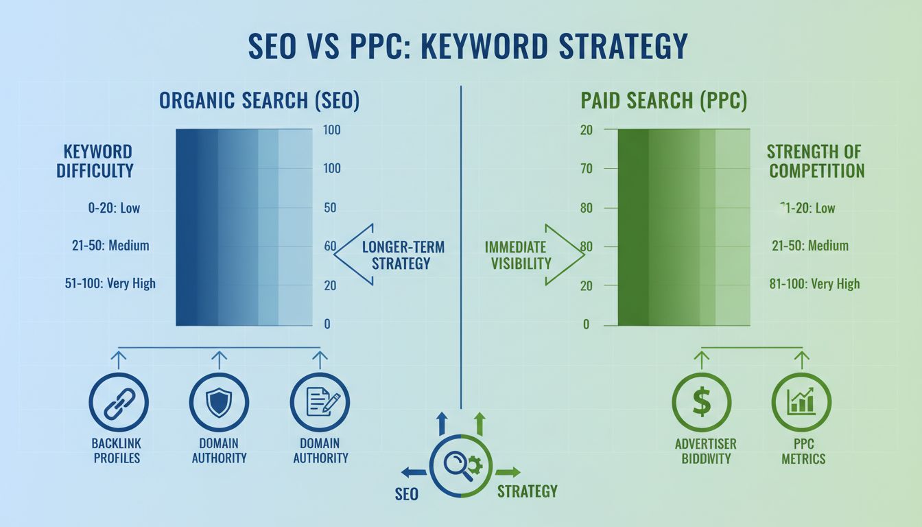 Infographic comparing keyword difficulty vs strength of competition showing organic SEO metrics on left and paid PPC metrics on right
