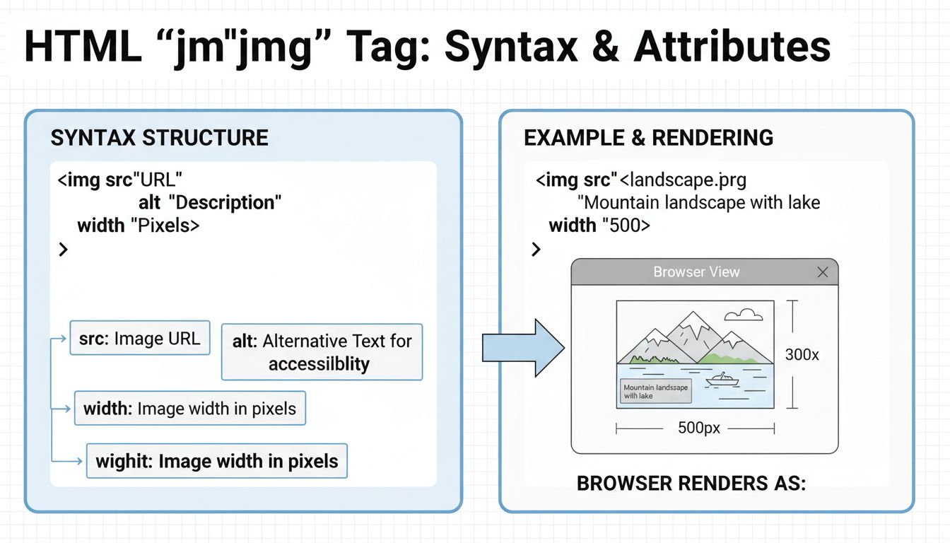 HTML img tag syntax diagram showing src, alt, width, and height attributes with code examples