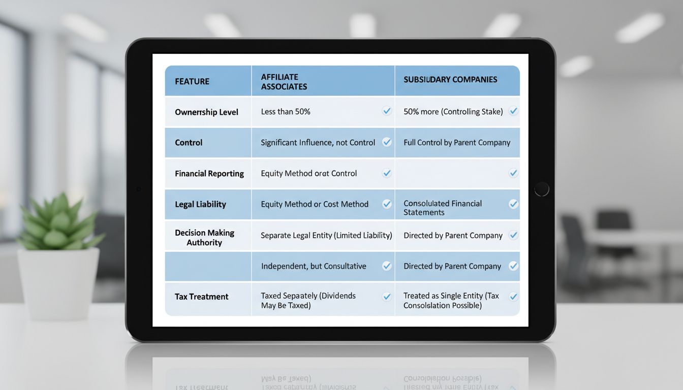 Comparison table showing differences between affiliate associates and subsidiary companies across ownership level, control, financial reporting, legal liability, decision making, and tax treatment