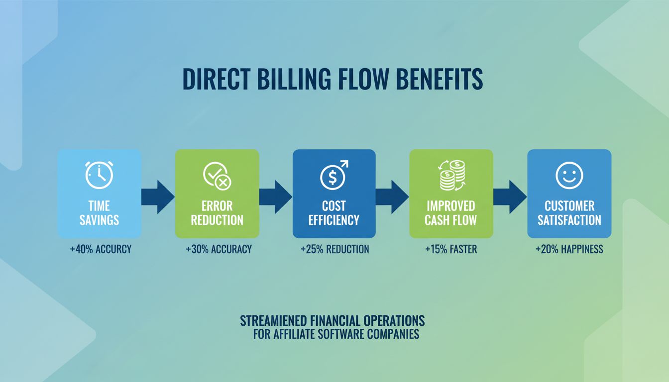 Direct billing flow benefits infographic showing time savings, error reduction, cost efficiency, improved cash flow, and customer satisfaction