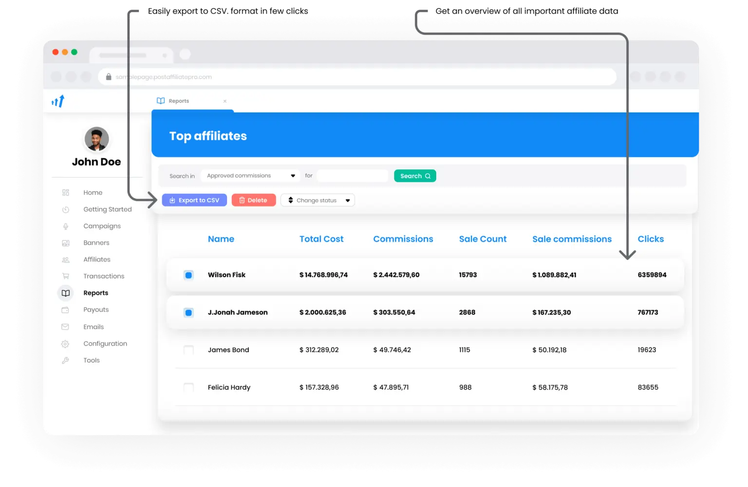 Affiliates & Clicks reports in Post Affiliate Pro
