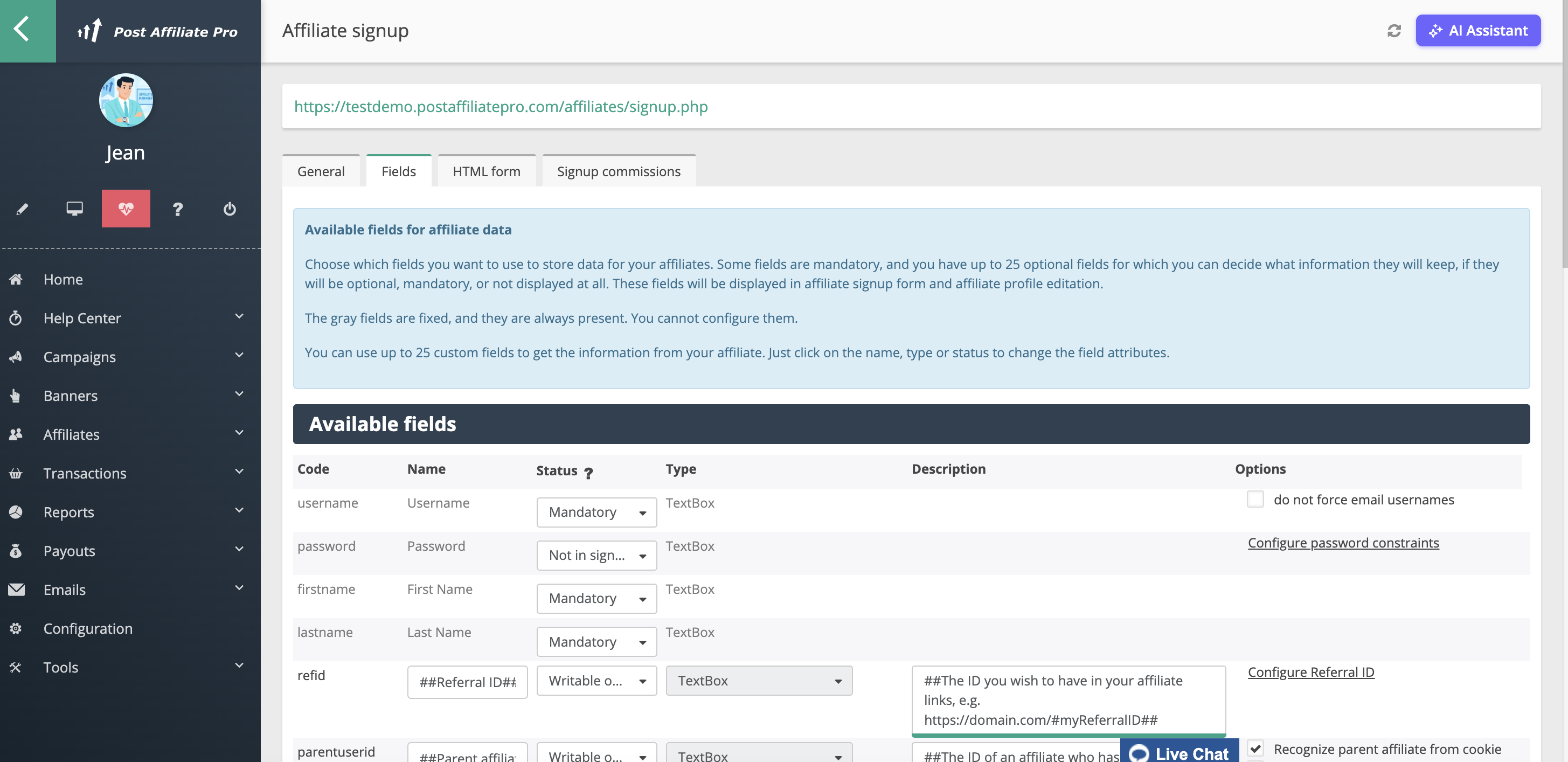 Post Affiliate Pro - Affiliate signup Fields tab showing built-in and custom fields