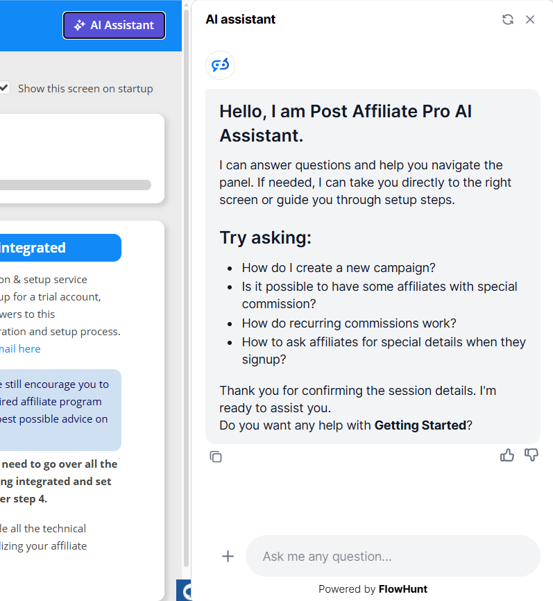 AI Assistant chatbot inside Post Affiliate Pro dashboard showing intro message