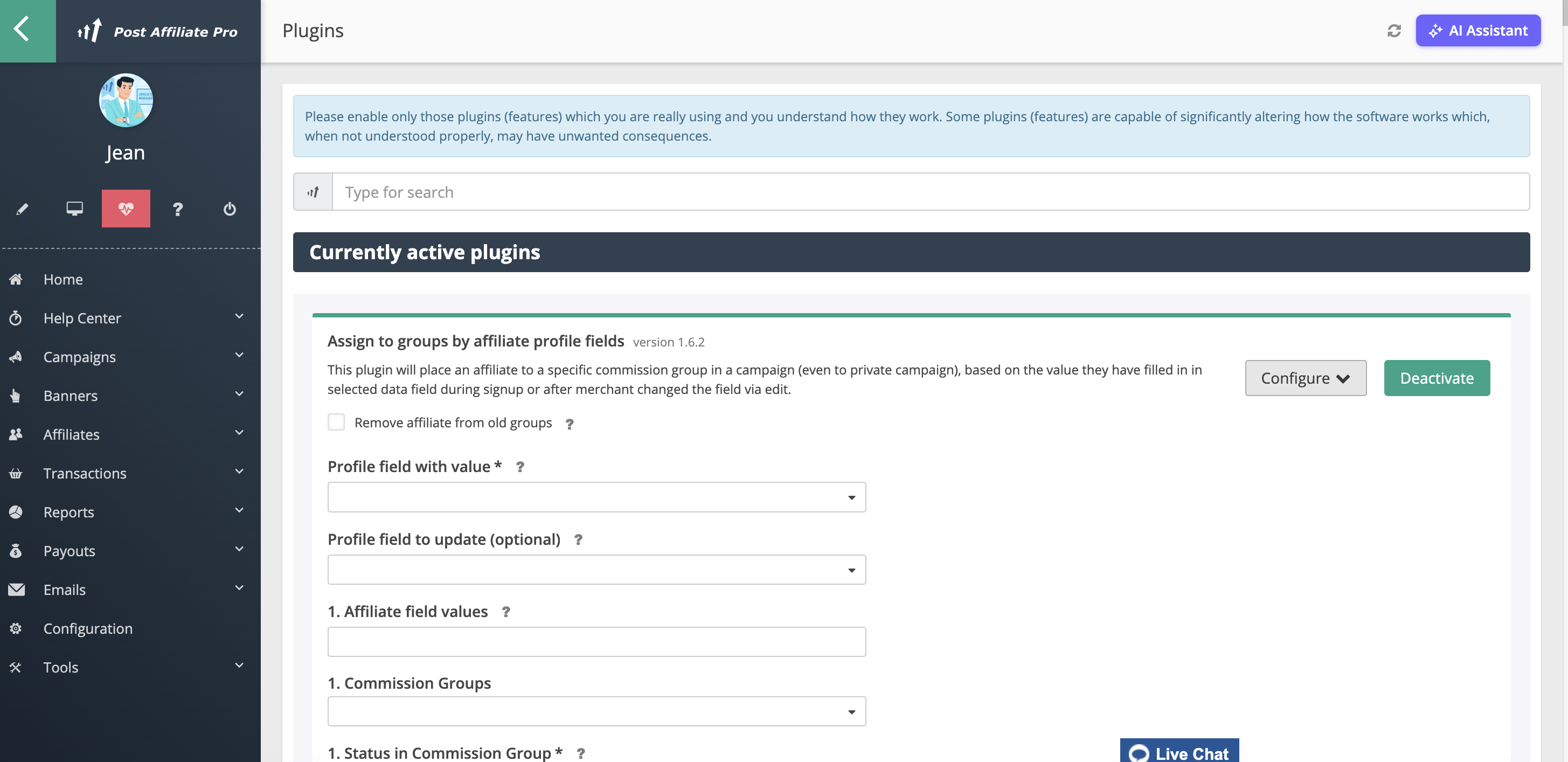 Post Affiliate Pro - Assign to Groups by Profile Fields plugin configuration