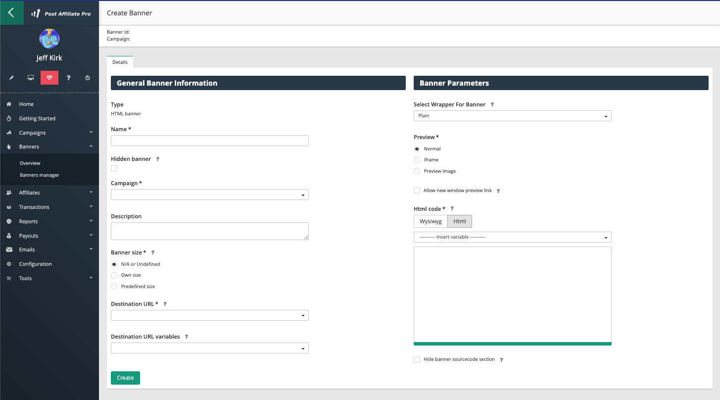 Post Affiliate Pro - Create banner page