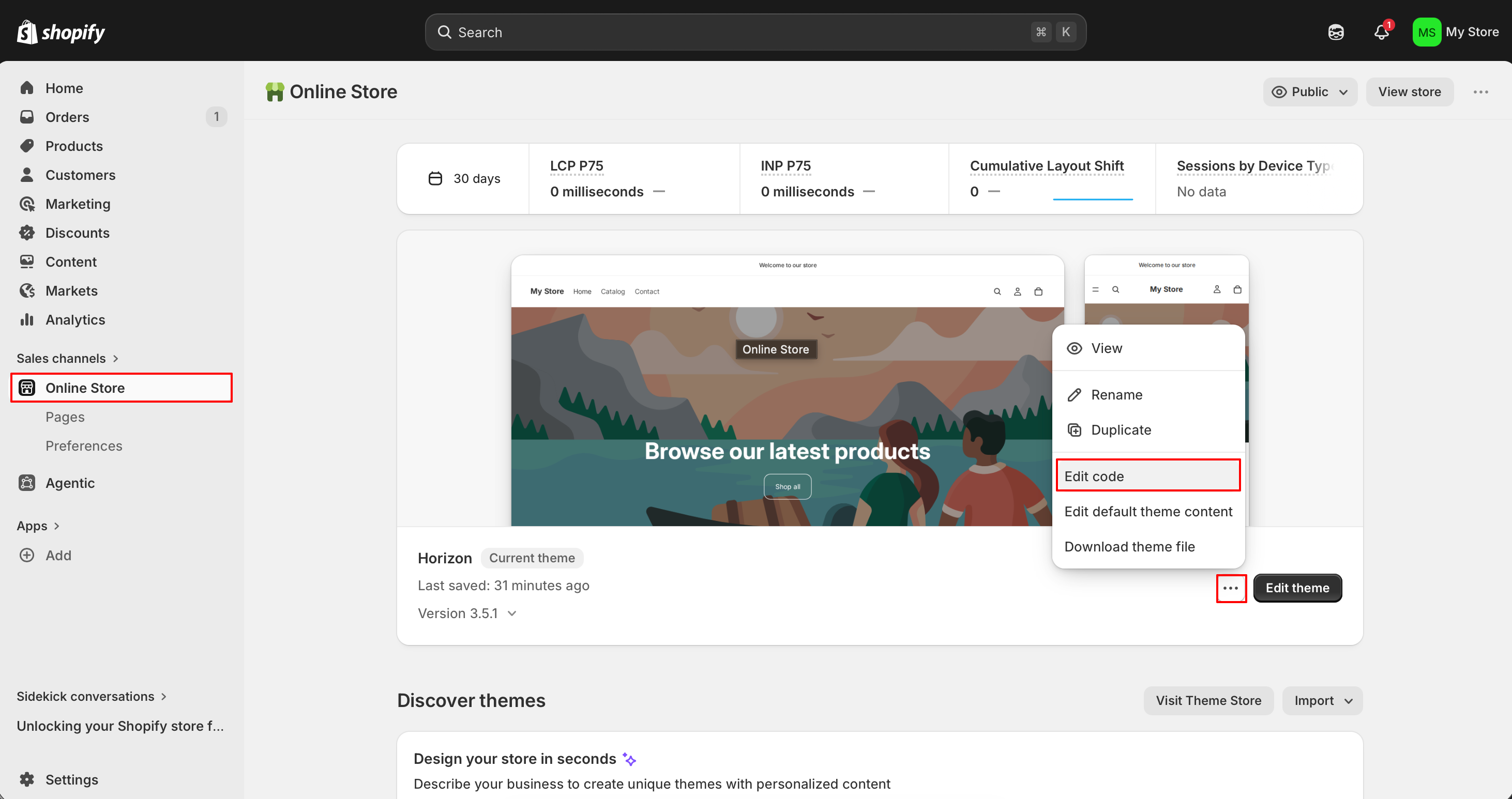Shopify Themes page with Edit code option highlighted