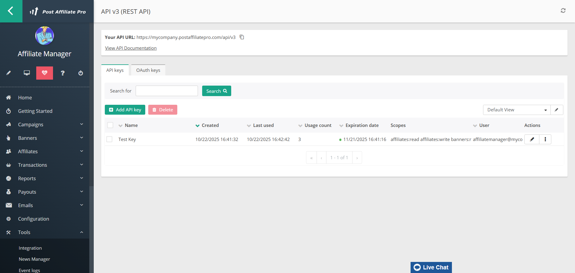Post Affiliate Pro API v3 (REST API) screen for generating an API key