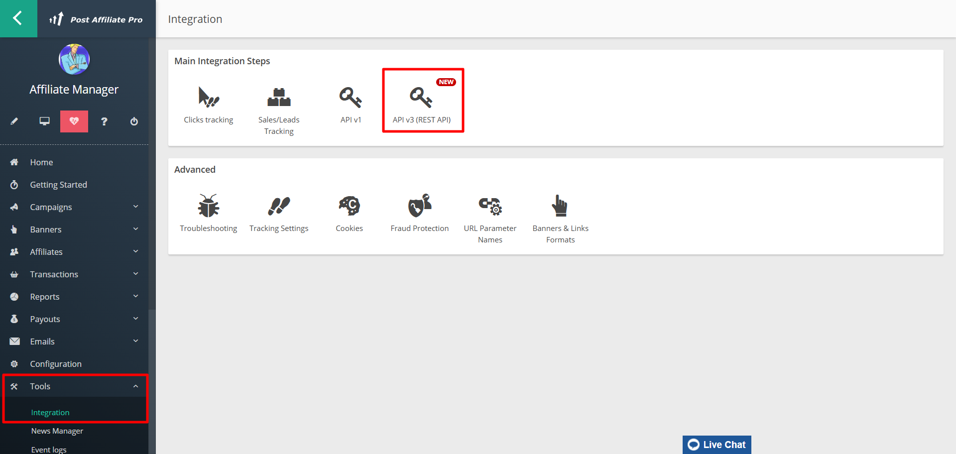 Post Affiliate Pro merchant panel Configuration > Tools > Integration menu