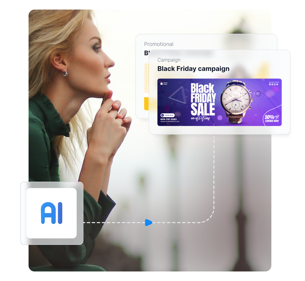 AI dashboard on a smartphone showing affiliate banners and performance charts (CTR, conversions)