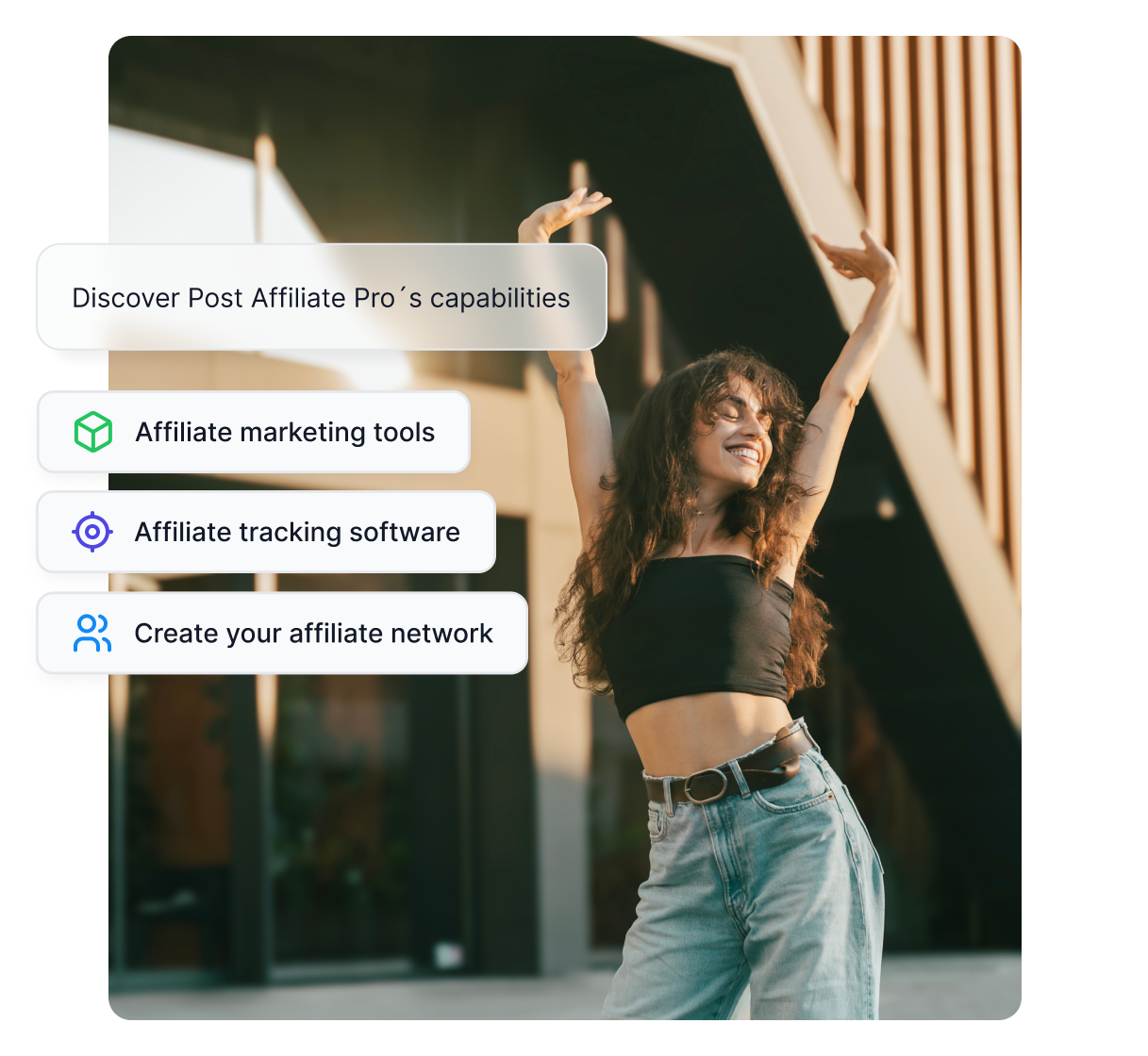 An image of a happy woman with her hands up, and pop up texts naming Post Affiliate Pro's capabilities.